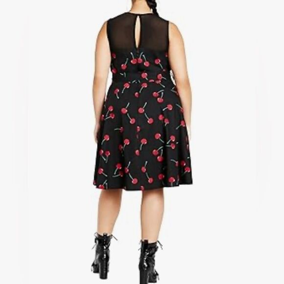 City Chic Molly Cherry Print Fit and Flare Sleeveless Dress Black Red 22 XL NWT - Picture 4 of 15